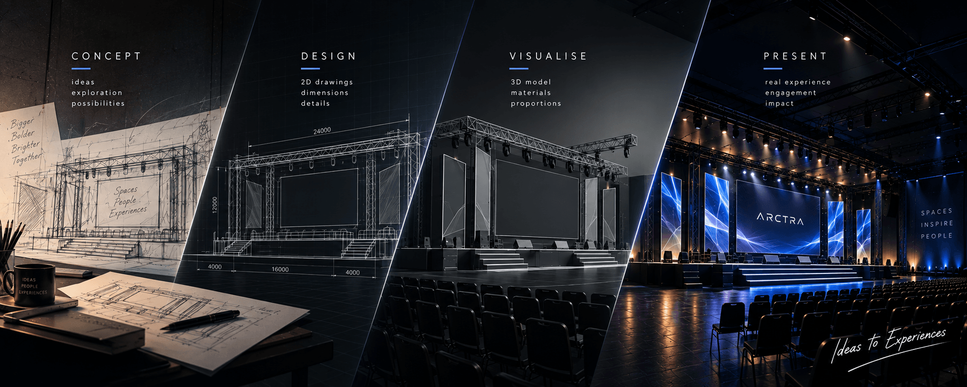 A single event stage evolving from hand sketch to technical drawing, 3D visualisation, and finished presentation